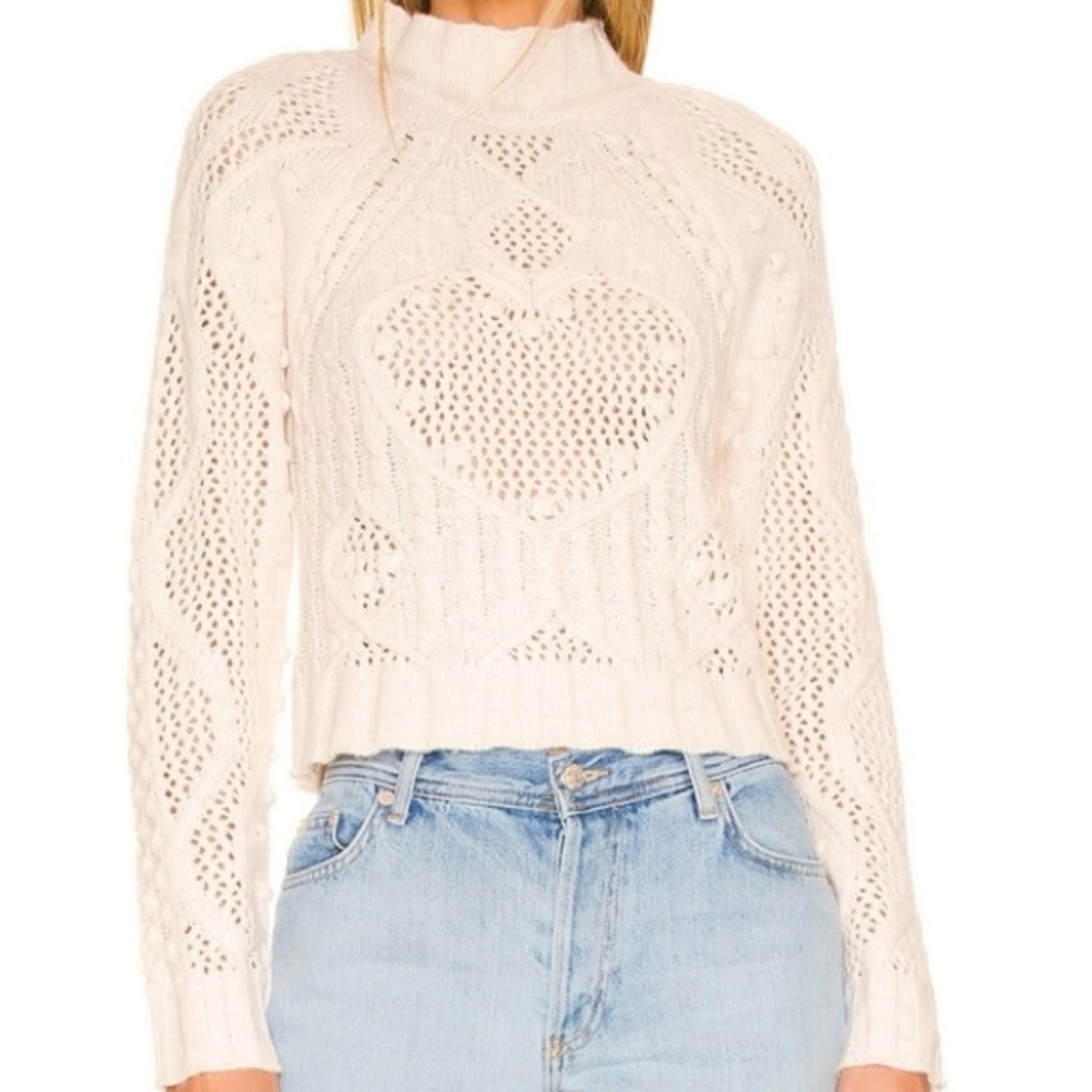 Free People Romantic Cream Turtleneck Sweater with heart Wool Blend Reina Cable